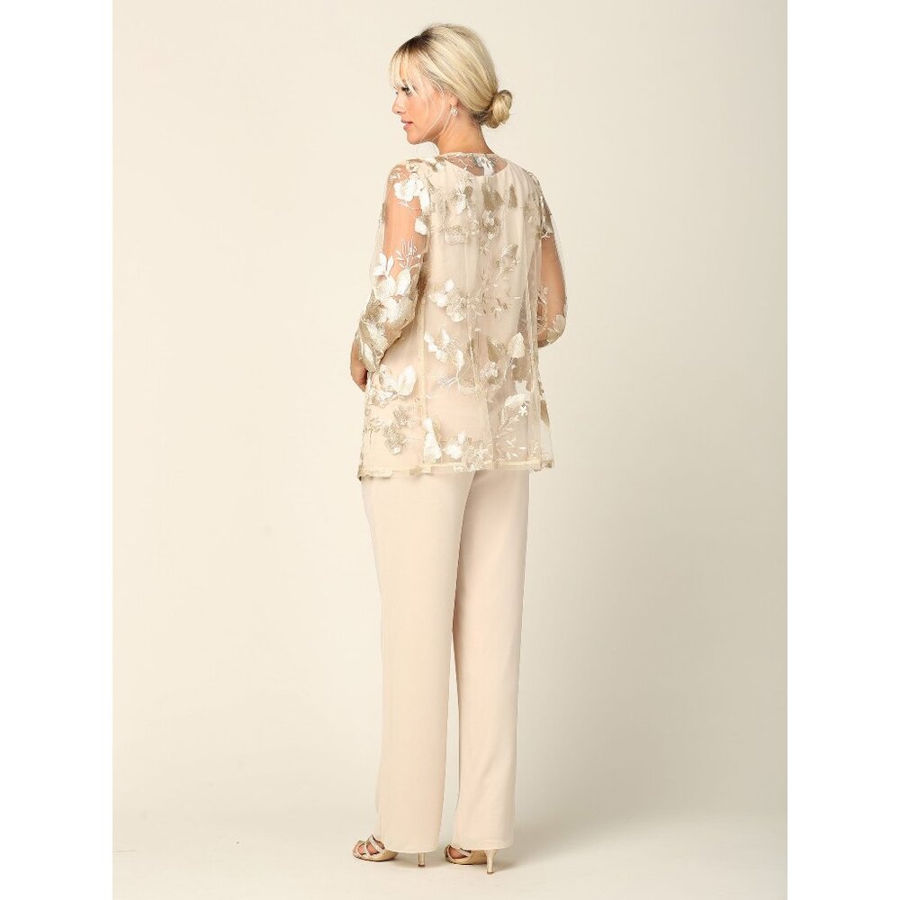 Eva USA #3426 Three Piece Chiffon Pant Suit W/Jacket-Size L-Champagne Gold-NWT - Picture 2 of 7